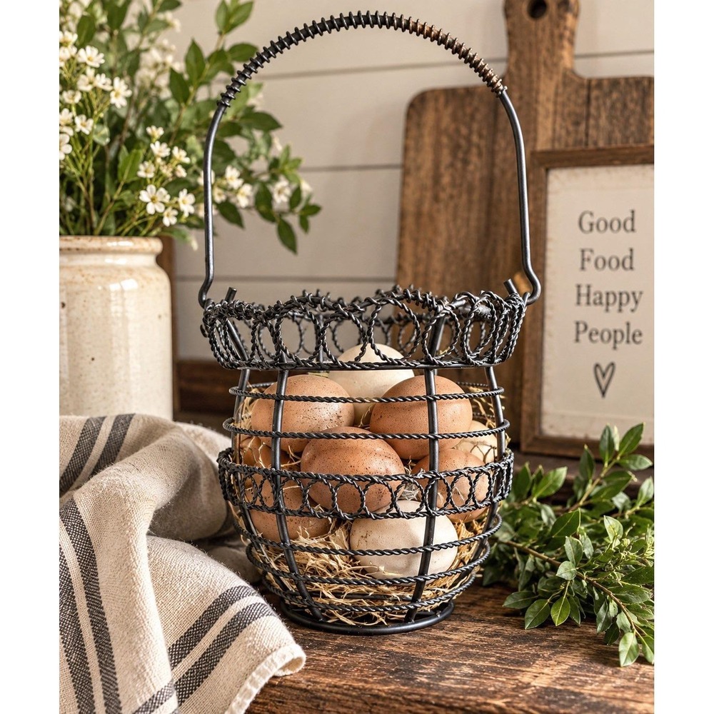 VTG Primitive Wire Egg Basket Twisted Metal Farmhouse Gathering Basket Handle
